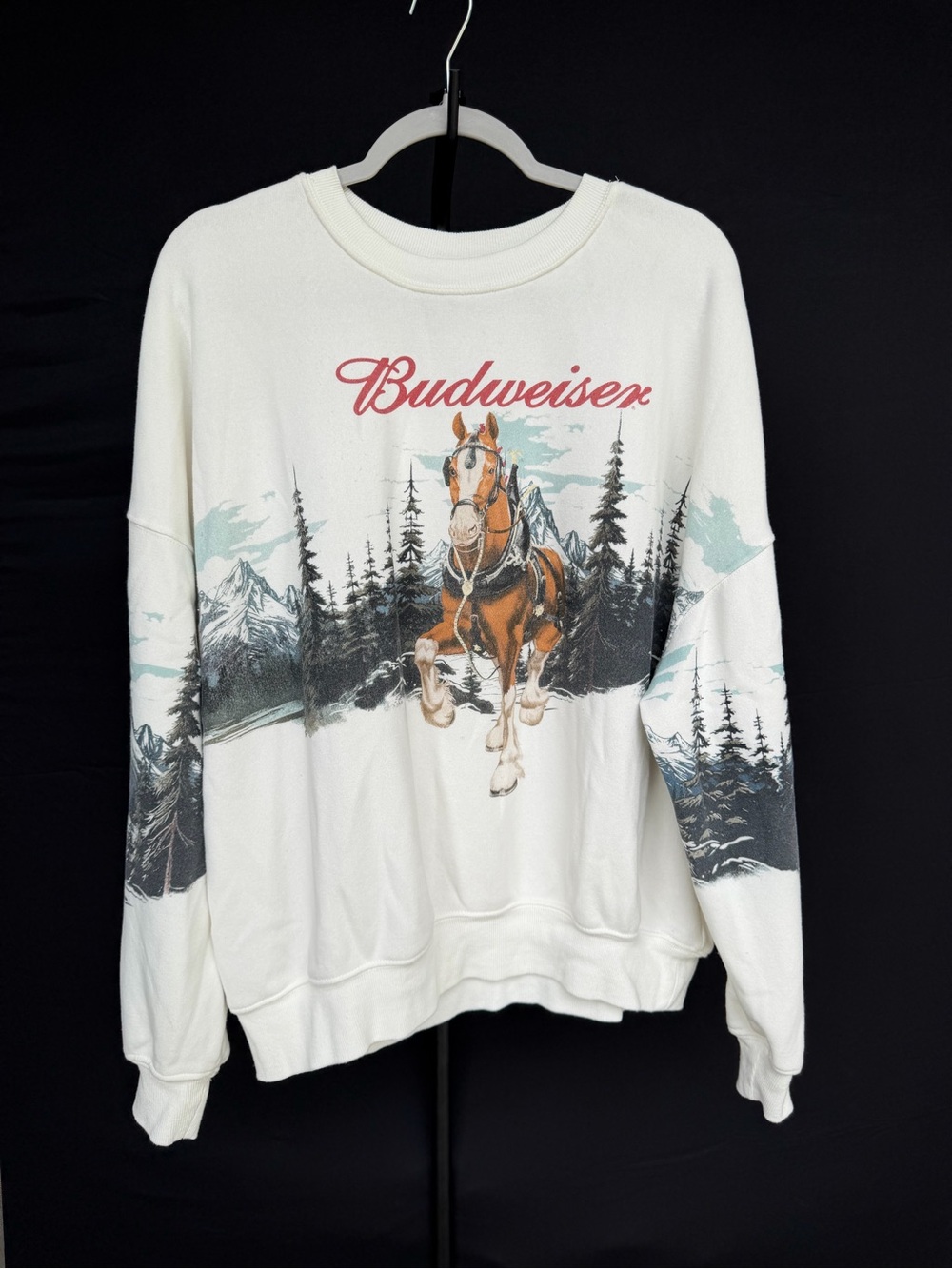 Hybrid Apparel White Sweatshirt with Red Script and Blue Graphic